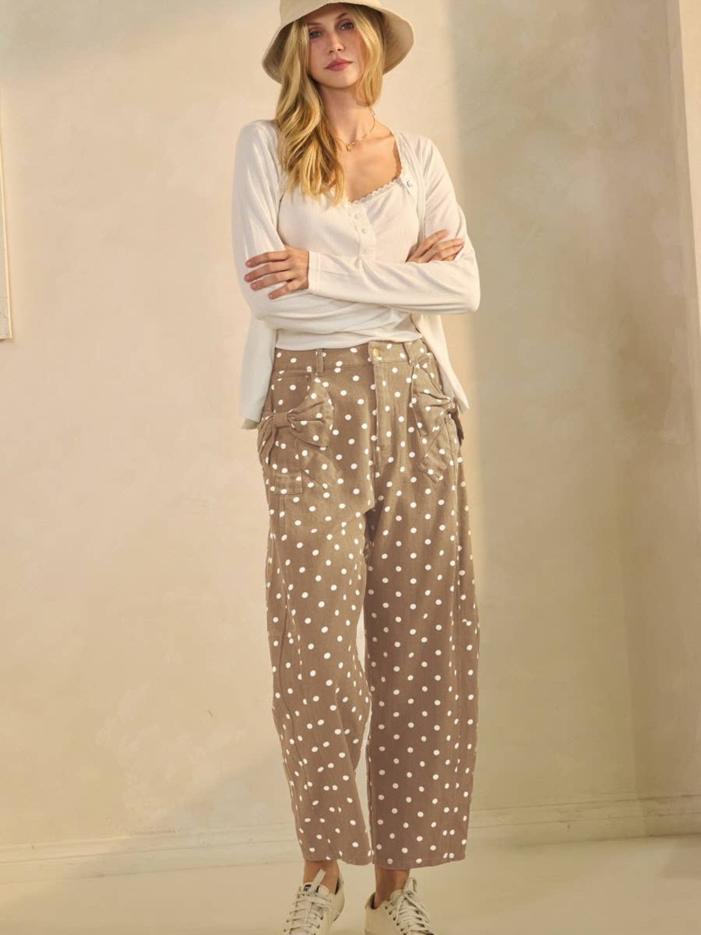 NWT Oddi Polka Dot Barrel Jeans in Taupe size Large